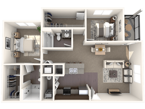 A 3D floor plan of a house showing a kitchen, living room, and two bedrooms.